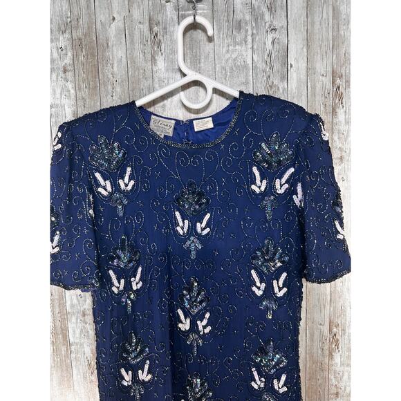Vintage 80s Stenay Sheath Dress Womens 14 Navy Blue Silk Sequin Beaded Cocktail - Picture 4 of 7
